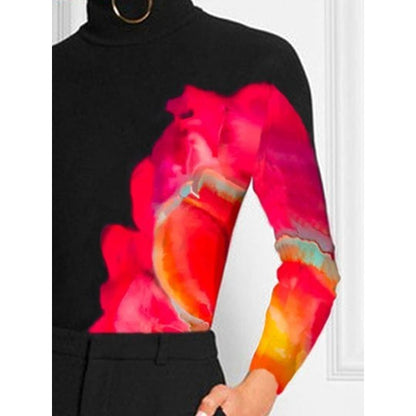 Long Sleeves Skinny Contrast Color Printed High Neck T-shirts