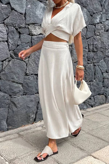 Casual Solid V-Neck Top \u0026 Skirt Two-Piece Set