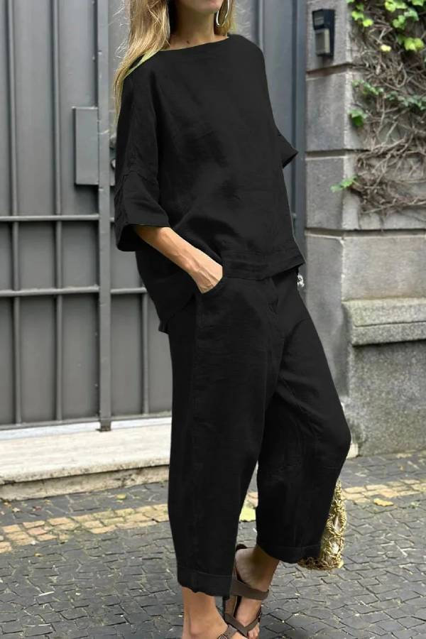 Casual Solid Color Crewneck Top \u0026 Pants Cotton Linen Two-piece Set