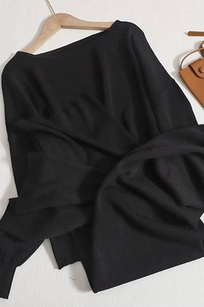 Off-shoulder knit wide-leg pants suit