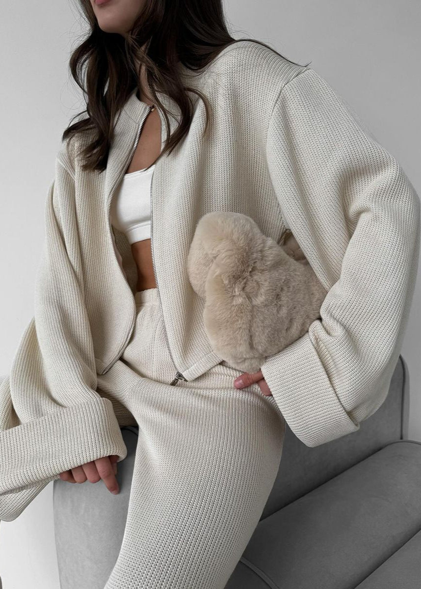 Knit Lounge Set Ribbed Blend Zip Jacket And Wide-Leg Pants
