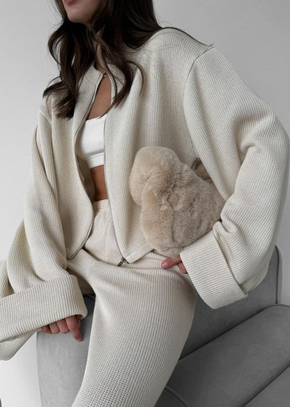 Knit Lounge Set Ribbed Blend Zip Jacket And Wide-Leg Pants