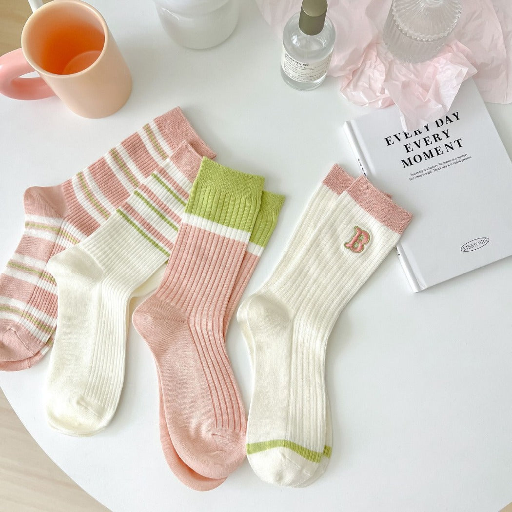 Rufia - Striped Crew Mid-calf Socks - Cute &amp; Sweet