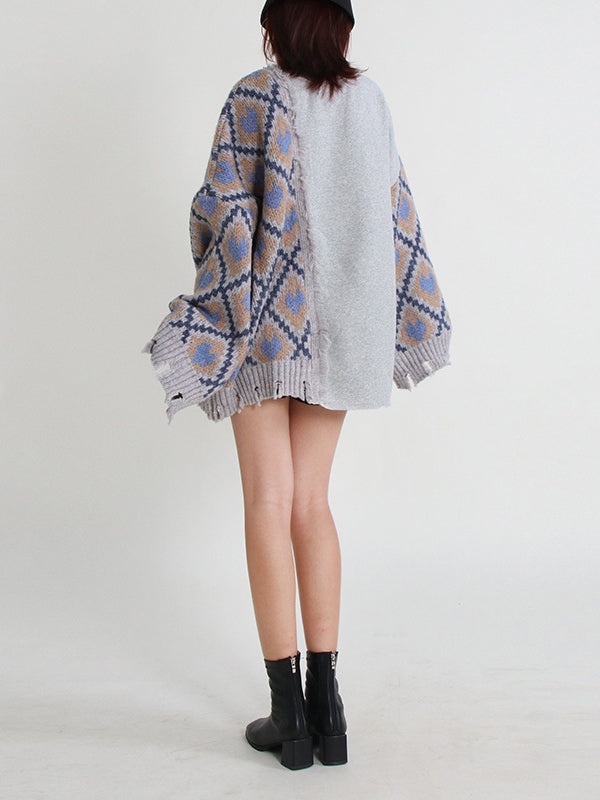 Batwing Sleeves Color-Block Plaid Split-Joint High-Neck Sweater