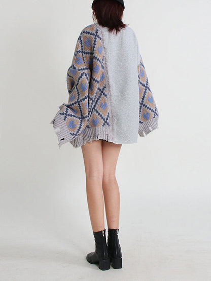 Batwing Sleeves Color-Block Plaid Split-Joint High-Neck Sweater