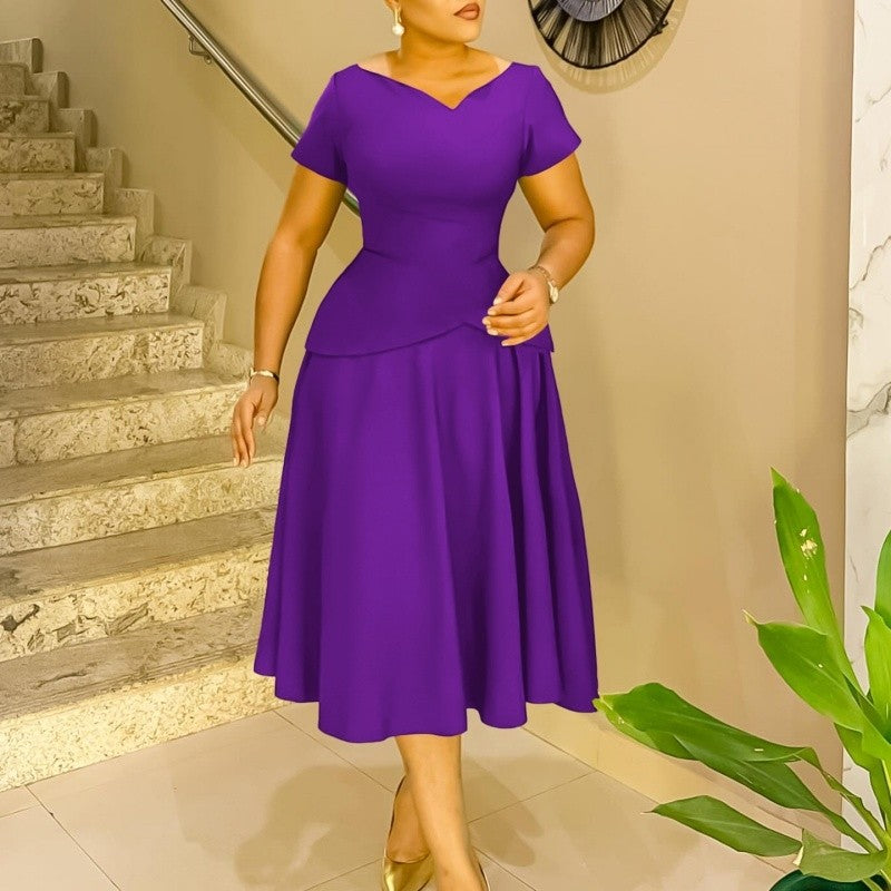 Solid Color V-Neck A-Line Swing Dress