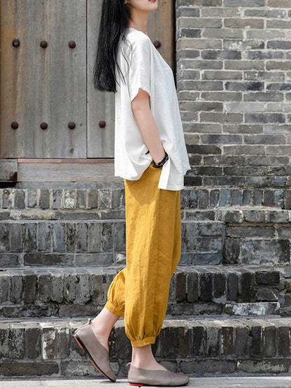 Simple Linen Solid Color Elasticity Waist Loose Knickerbockers&Capri-Pants