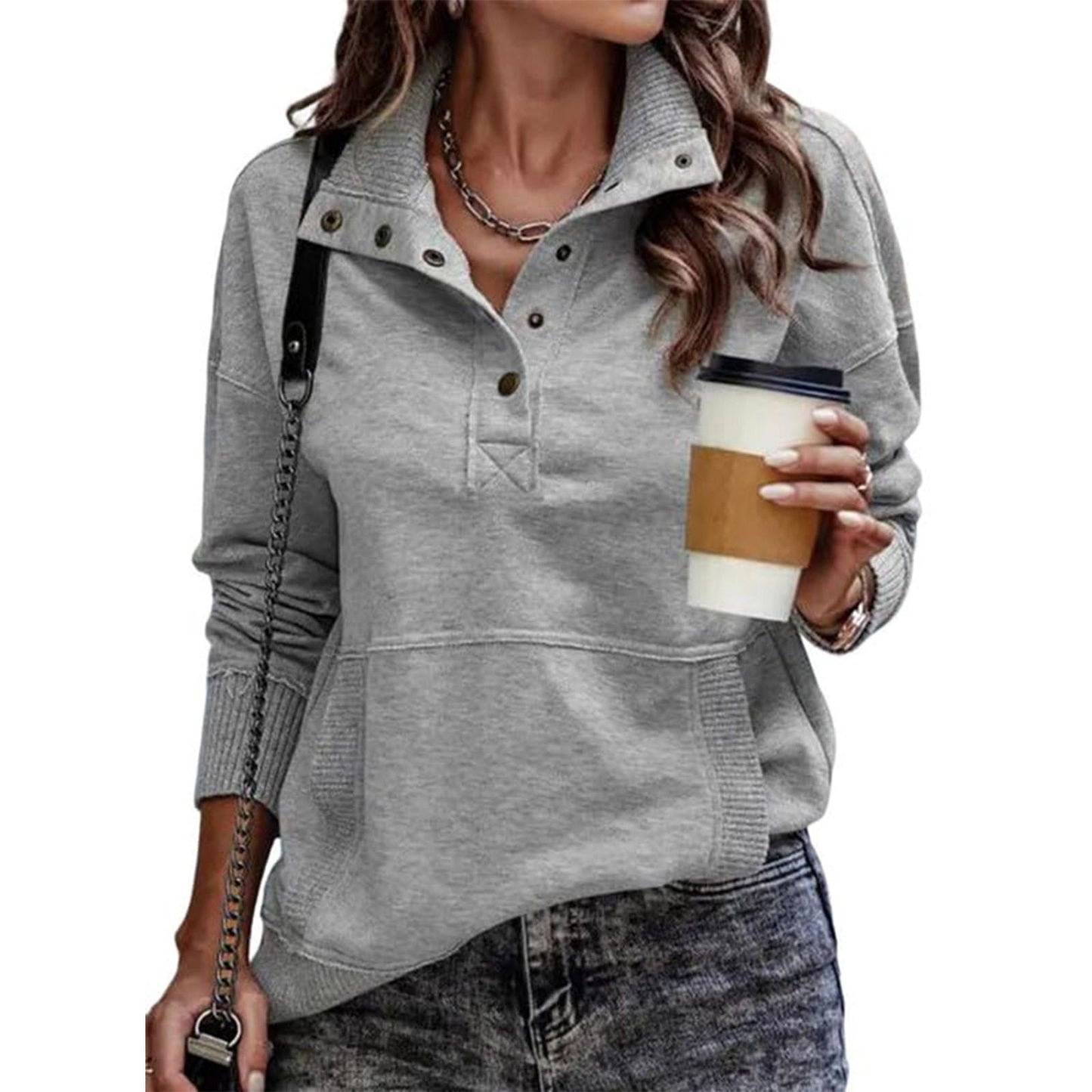 Solid Color Pocket Long Sleeve Button Up Hoodie
