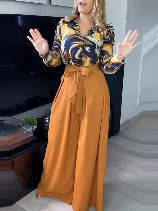 City Printed Shirt & Tied Waist Wide Side Pants Suit