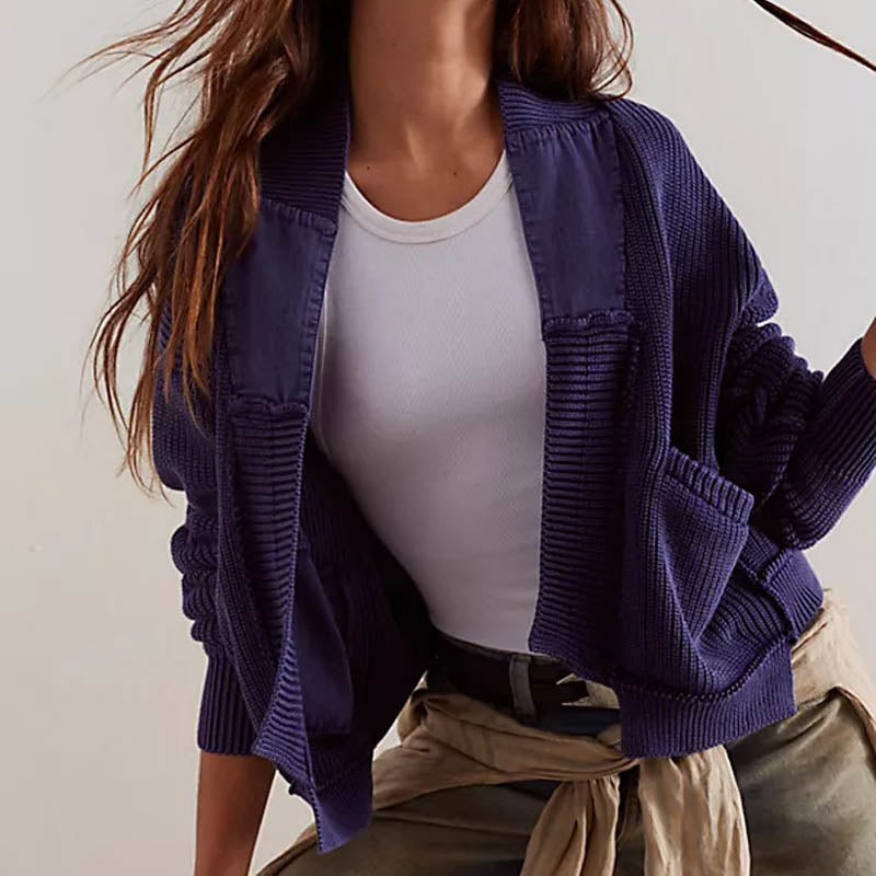 Simple Splicing Knit Cardigan Coat With Pockets