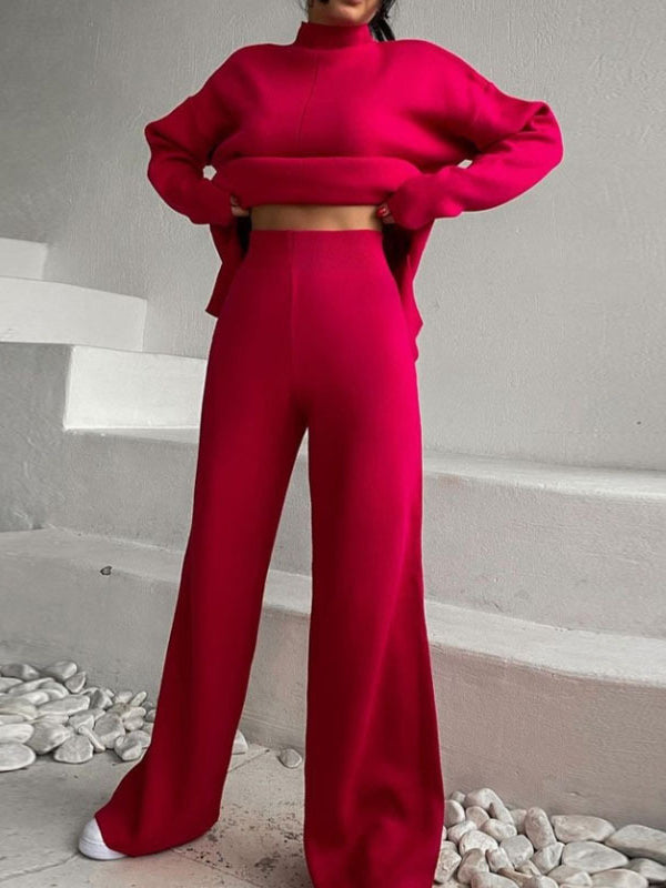 Loose Solid Color High-Neck Sweater Tops&Pants Suits