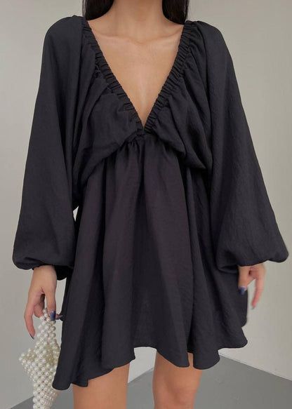 Lantern Sleeve V Neck Dress In Soft Fabric
