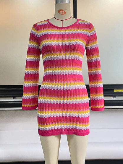 Long Sleeves Skinny Backless Contrast Color Tied Round-Neck Knit Dresses Mini Dresses