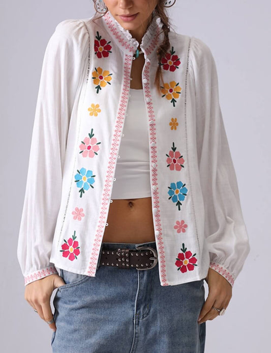 Elegant Flower Embroidered Button Down Top