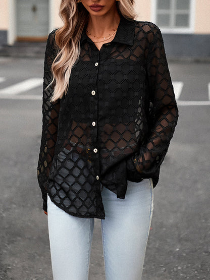 Long Sleeves Loose Buttoned Mesh See-Through Lapel Blouses&Shirts Tops