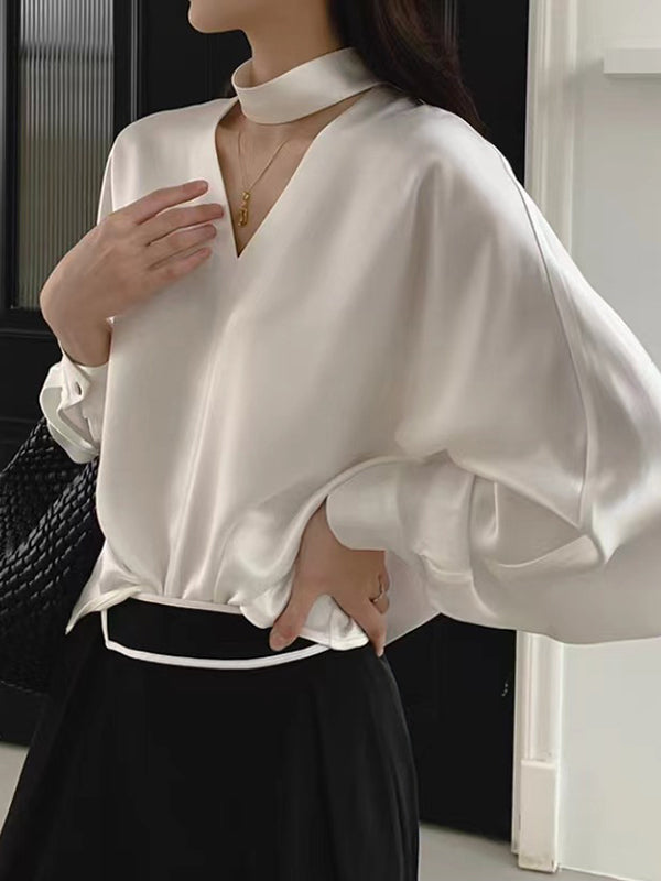 Wrap Hollow Solid Color V-Neck Blouses&Shirts Tops