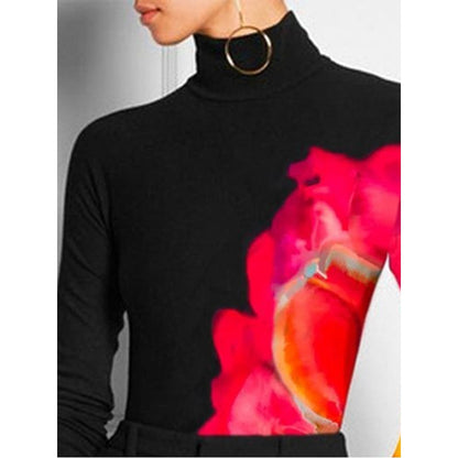Long Sleeves Skinny Contrast Color Printed High Neck T-shirts