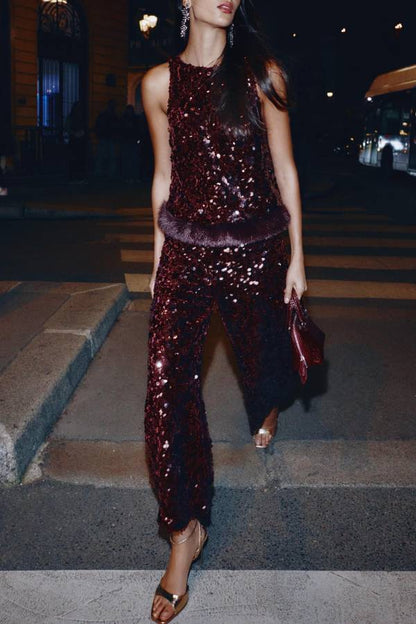 Gala Goddess Sequin Faux Fur Trim Crew Neck Sleeveless Loose Top