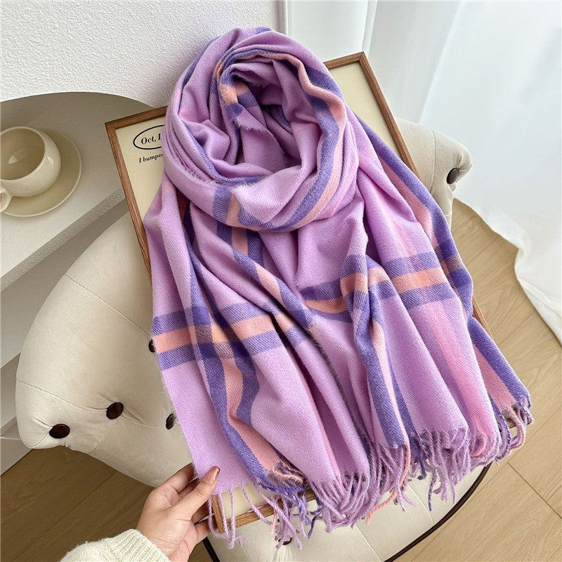 Color Block Plaid Fringe Scarf