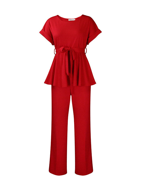 Solid Color Short Sleeves Tied Waist Round-Neck Shirts Top + High Waisted Pants Bottom Two Pieces Set