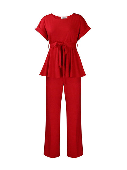 Solid Color Short Sleeves Tied Waist Round-Neck Shirts Top + High Waisted Pants Bottom Two Pieces Set
