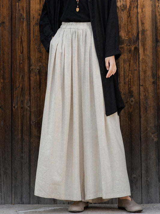 Vintage Loose Elastic Waist Solid Color Wide Leg Culottes Pants
