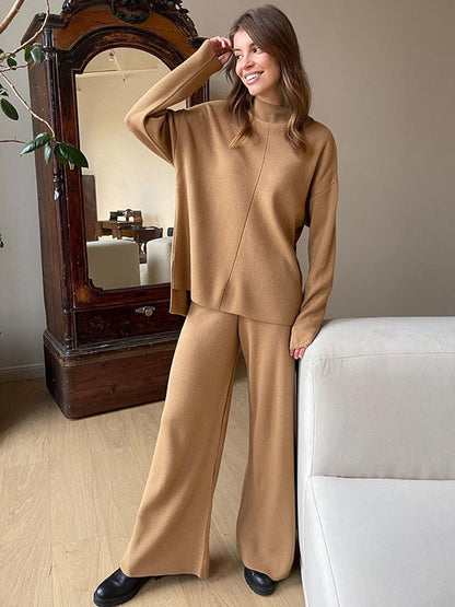Loose Solid Color High-Neck Sweater Tops&Pants Suits