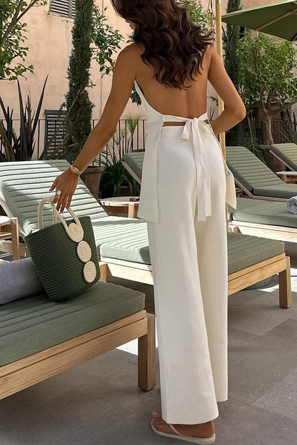 Beach Vacay Cowl Neck Back Tie-up Top and Stretch Straight Pants Suit