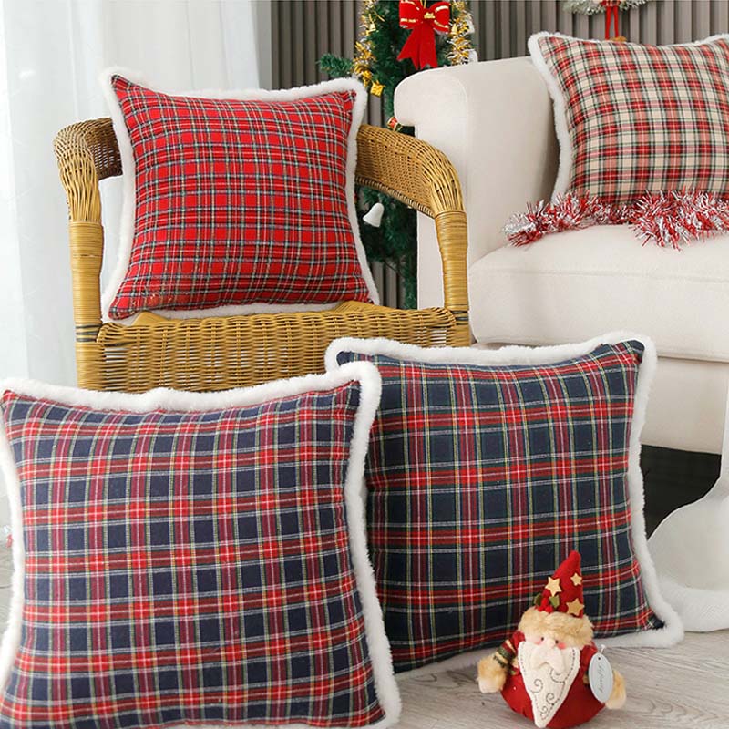 Simple Square Plaid Christmas Throw Pillow Case