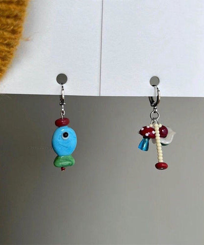 DIY Stainless Steel Asymmetrical Little Fish And Mushroom Drop Earrings