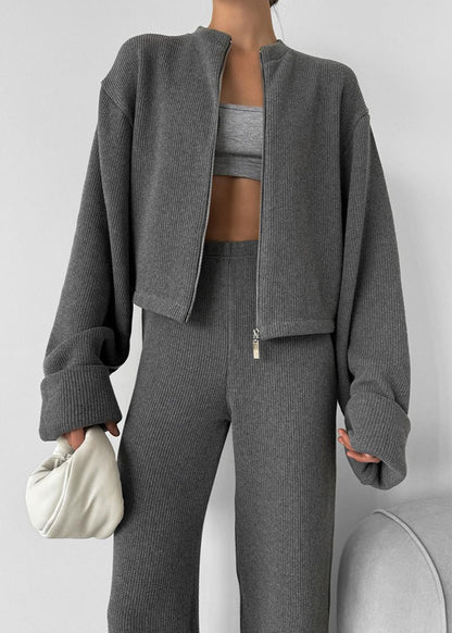 Knit Lounge Set Ribbed Blend Zip Jacket And Wide-Leg Pants