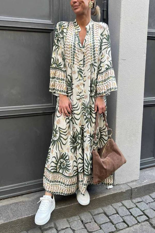 Casual Ethnic Print Trumpet Sleeve Maxi Dress