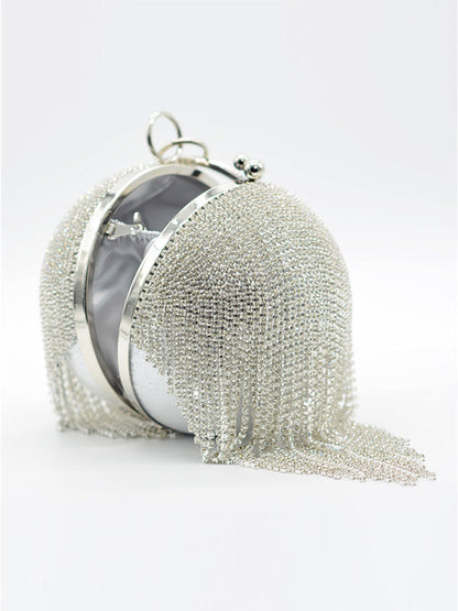 Geometric Rhine Stones Solid Color Tasseled Handbags