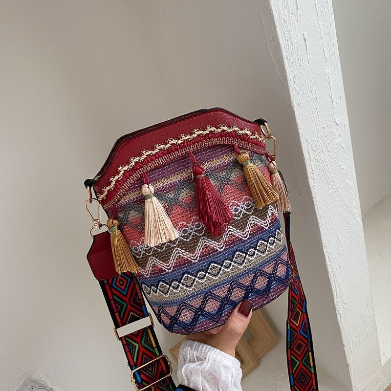 Print Soft Tasseled Multicolored One Shoulder Bag
