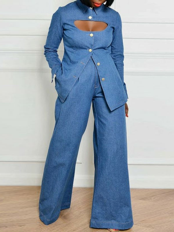 Long Sleeves Loose Buttoned Hollow Lapel Blouses&Shirts Tops
