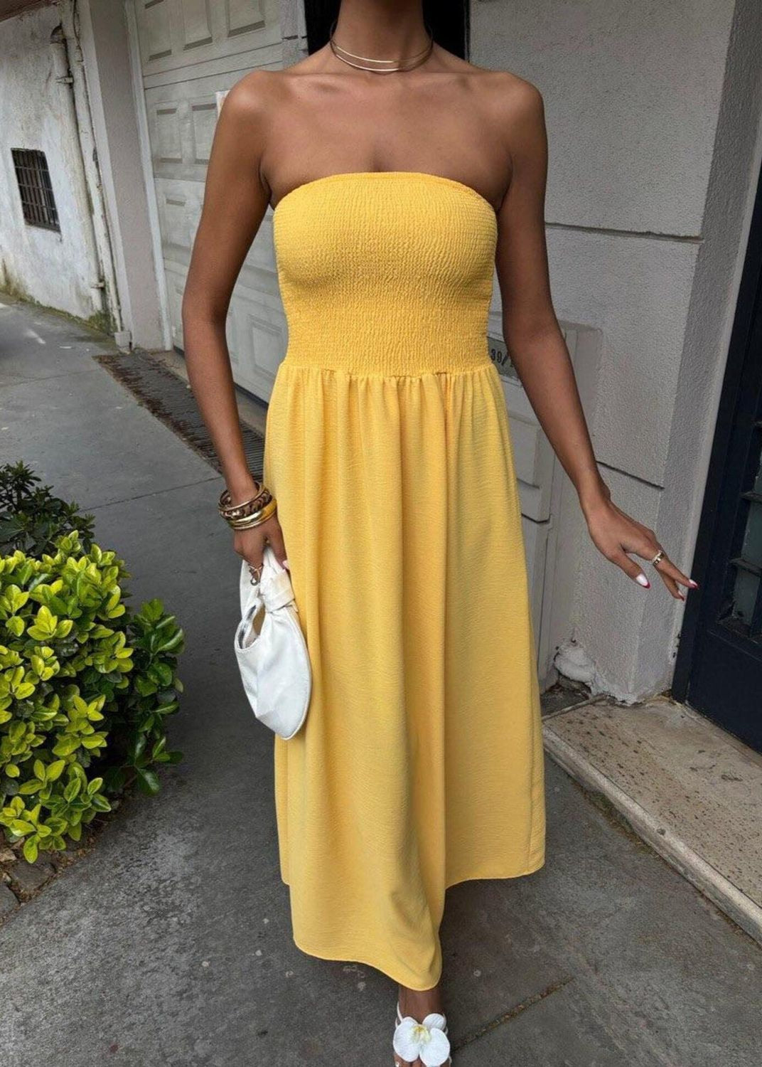 Strapless Smocked Polyester Maxi Dress Yellow