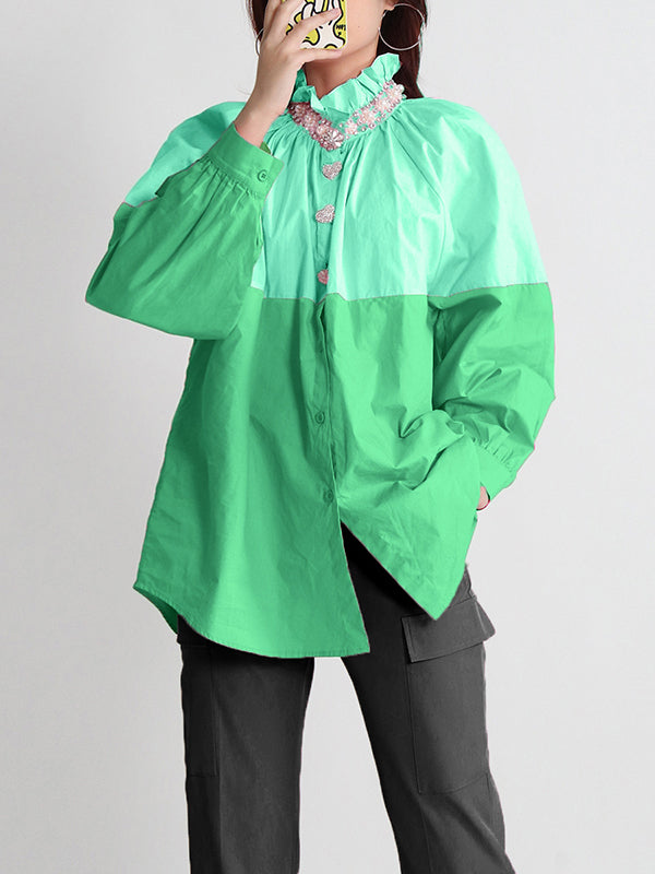 Long Sleeves Loose Buttoned Contrast Color Rhine Stones Mock Neck Blouses&Shirts Tops