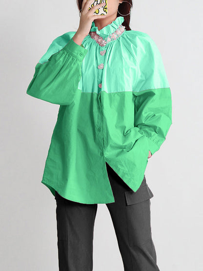 Long Sleeves Loose Buttoned Contrast Color Rhine Stones Mock Neck Blouses&Shirts Tops