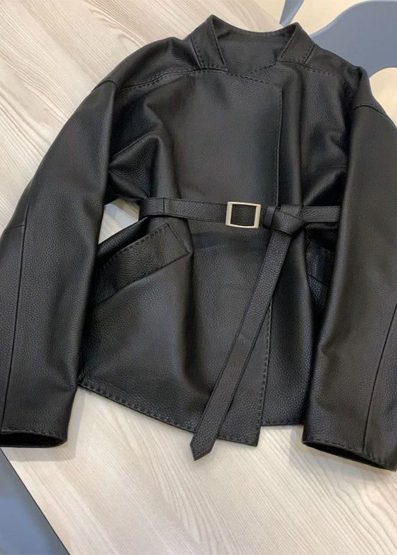 Faux Leather Belted Jacket With Wrap Silhouette