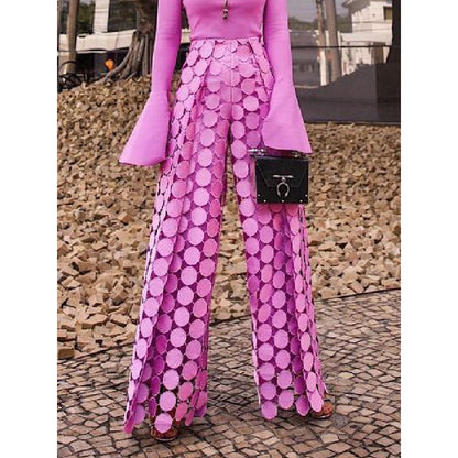High Waisted Wide Leg Hollow Polka Dot Solid Color Pants Trousers