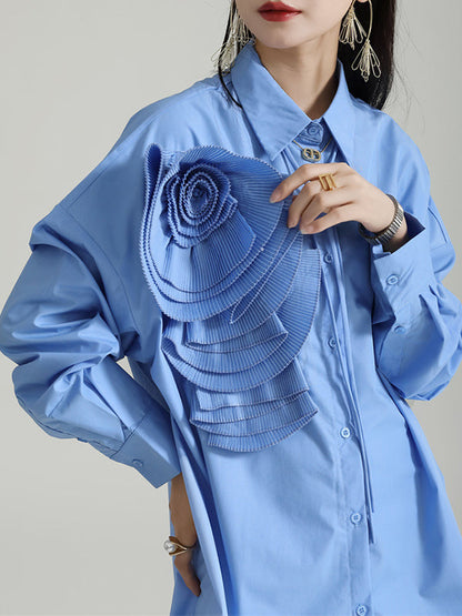 Solid Color Three-Dimensional Flower Long Sleeves Buttoned Blouses