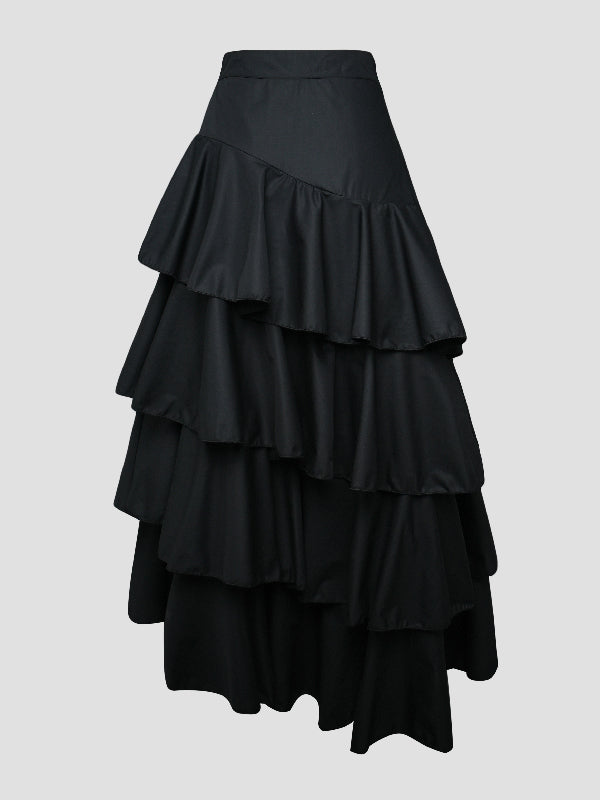 A-Line High Waisted Falbala Solid Color Long Skirts