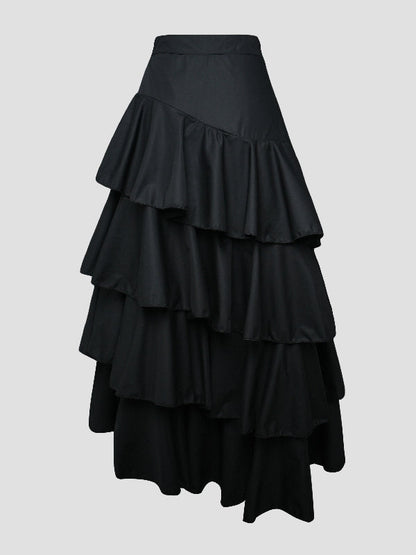 A-Line High Waisted Falbala Solid Color Long Skirts