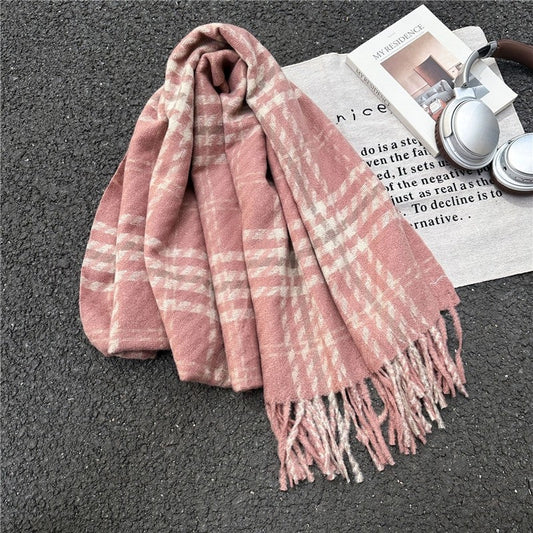 Color Block Plaid Fringe Scarf