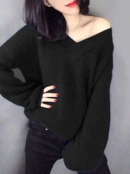 Loose Long Sleeves Solid Color V-Neck Sweater Tops