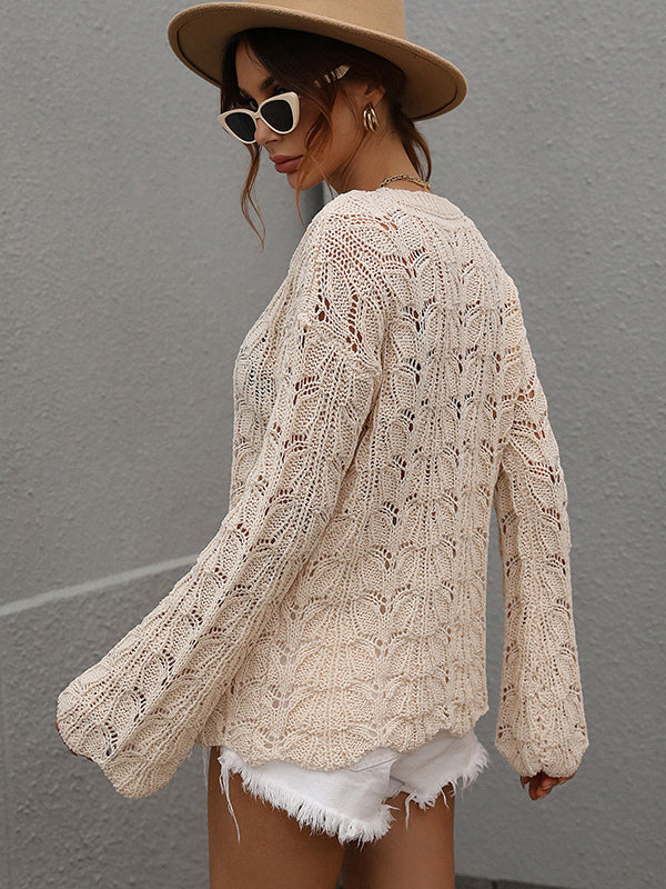 Original Creation Long Sleeves Loose Hollow Solid Color Round-Neck Sweater Tops