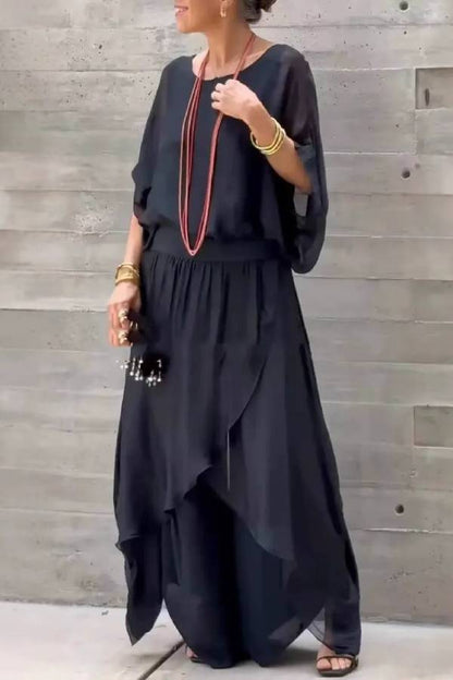 Top slit wide-leg pants chiffon casual suit