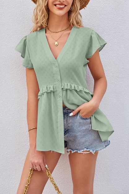 Hollow jacquard waist lace ruffle sleeve shirt