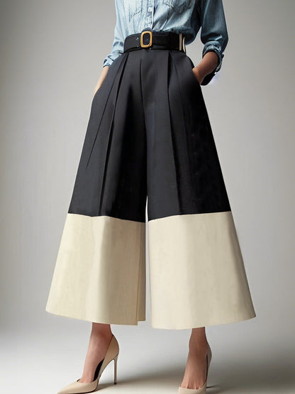 High Waisted Loose Contrast Pleated Pocket Pants Cotton Blend