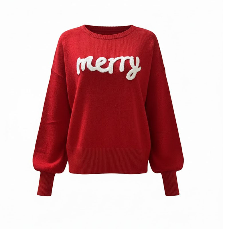 Knitted Graphic Round Neck Merry Pullover Sweater